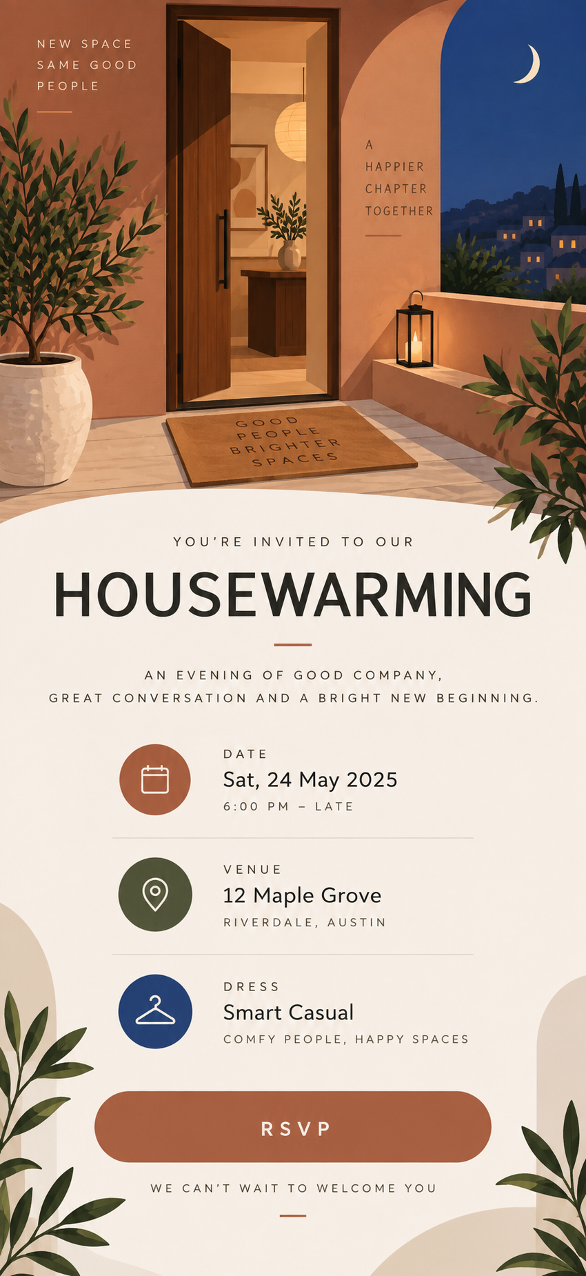Mobile guest invitation view for a housewarming.
